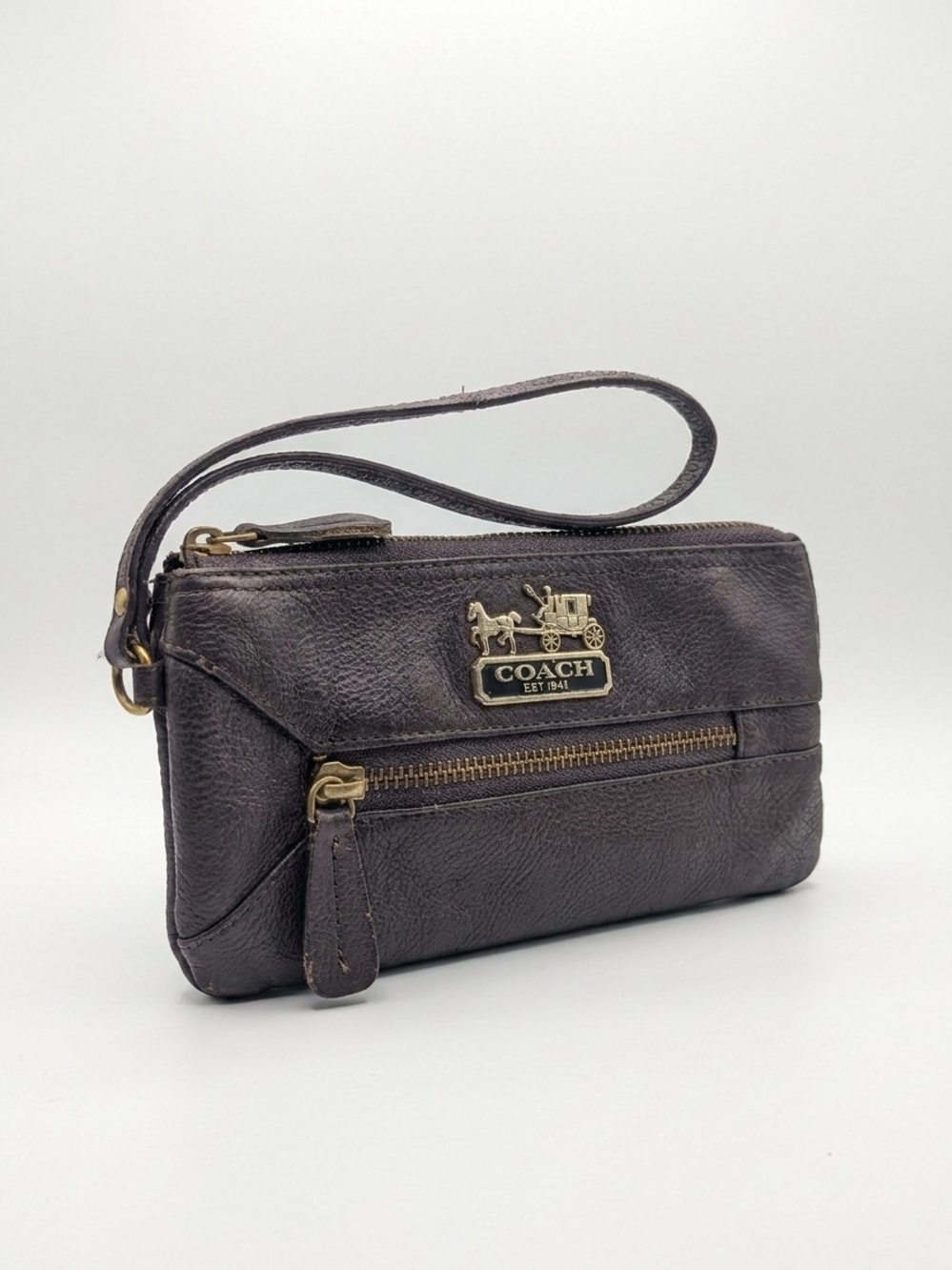 Coach Dark Brown Leather Wristlet with Brass Logo